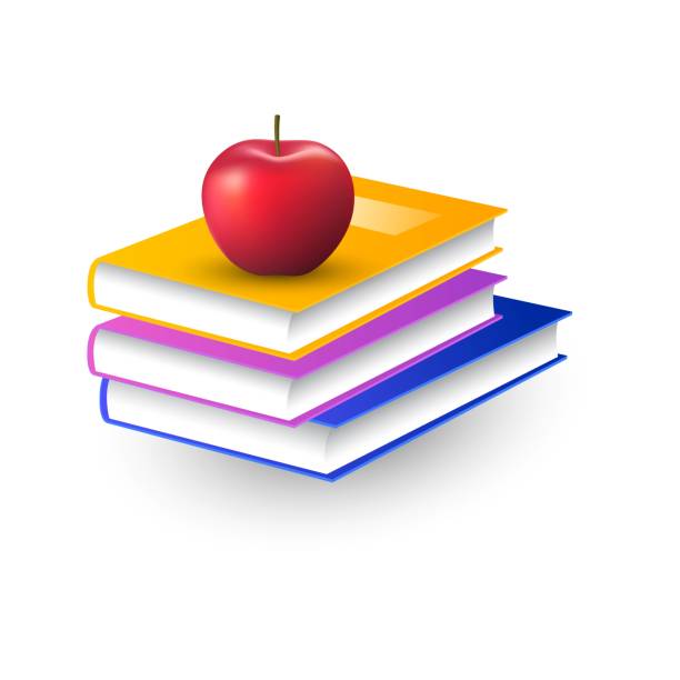 빨간 사과가 든 책 더미 - apple stack white backgrounds stock illustrations