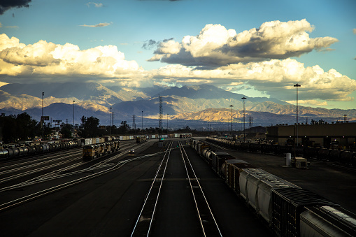 Sunset in a freight train yard in Fontana, CA.