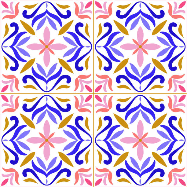 blaues, gelbes und rosa portugiesisches azulejo nahtloses muster. marokkanische keramikfliese. vektor lissabon arabisches blumenmosaik, mediterranes ornament. - flower backgrounds tile floral pattern stock-grafiken, -clipart, -cartoons und -symbole