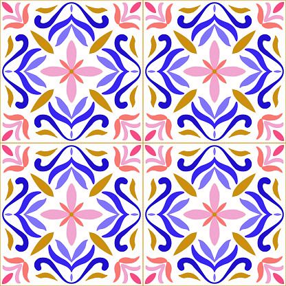 Blue, Yellow and Pink Portuguese Azulejo Seamless Pattern. Moroccan Ceramic Tile. Vector Lisbon Arabic Floral Mosaic, Mediterranean Ornament.