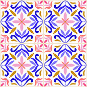 istock Blue, Yellow and Pink Portuguese Azulejo Seamless Pattern. Moroccan Ceramic Tile. Vector Lisbon Arabic Floral Mosaic, Mediterranean Ornament. 1414277034