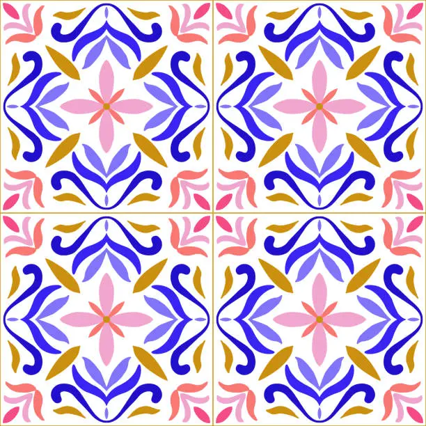 Vector illustration of Blue, Yellow and Pink Portuguese Azulejo Seamless Pattern. Moroccan Ceramic Tile. Vector Lisbon Arabic Floral Mosaic, Mediterranean Ornament.