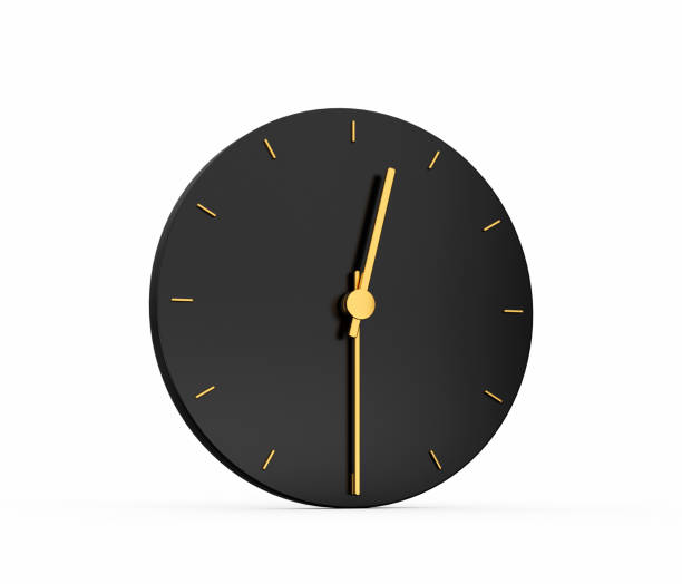 istock Premium Gold Clock icon isolated 12:30 o clock Half past 12 on black background. Twelve o'clock Time icon 3d illustration 1414279195