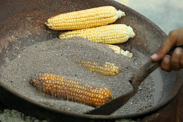 Corn being cooked in coal stock photo