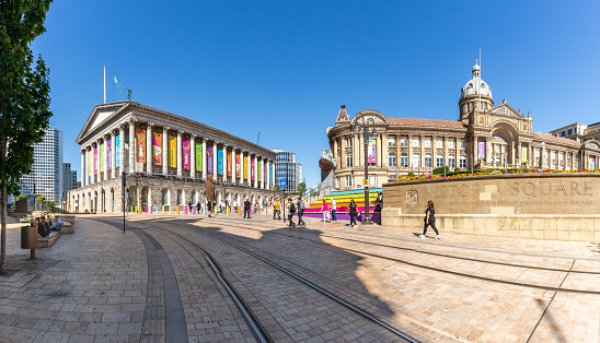 Birmingham, UK - August 11, 2022.  Urban landscape of Victoria Square in Birmingham decorated in vibrant colors in celebration of the 2022 Commonwealth Games