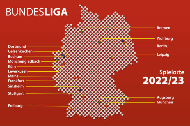 Bundesliga location 2022/23 Map of cities in Germany with teams the first German football league, the Bundesliga in the 2022/23 season with German city names. Vector Illustration. leverkusen stock illustrations