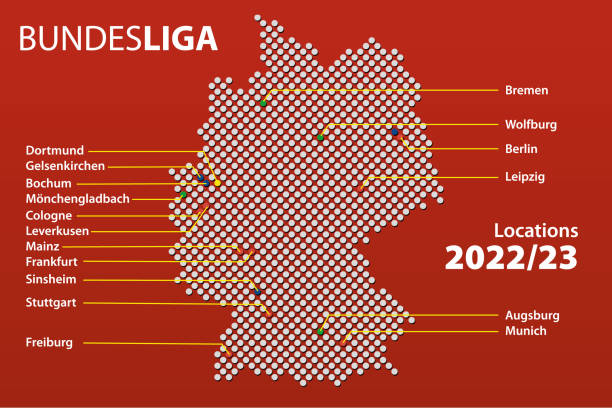 Bundesliga location 2022/23 Map of cities in Germany with teams the first German football league, the Bundesliga in the 2022/23 season with english city names. Vector Illustration. leverkusen stock illustrations