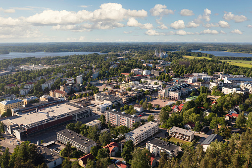 Aerial view of the city of Lohja in summer, in the Uusimaa region of Finland.