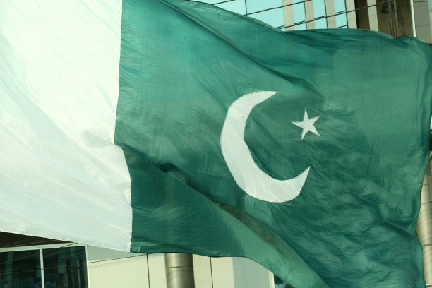 Pakistan Flags and Independence Day Celebration Stalls stock photo
