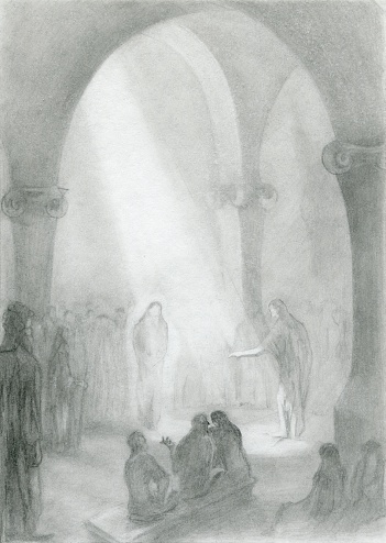 Jesus Christ and the man with the healed hand stand in the synagogue under a beam of light, surrounded by many people.