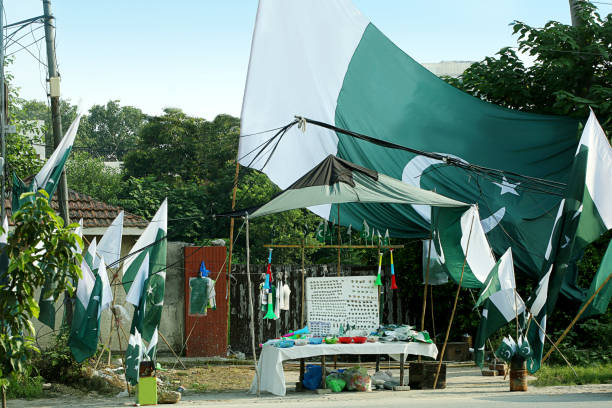 Pakistan Flags and Independence Day Celebration Stalls stock photo