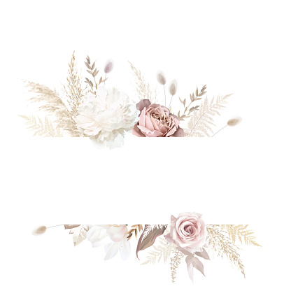 Modern beige and blush trendy vector design frame. Pastel dried pampas grass, magnolia, white peony, ranunculus, dusty pink rose card. Wedding fall boho template. Elements are isolated and editable