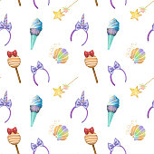 istock Seamless pattern of fairy tale and amusement park elements, illustration on a white background 1414282992