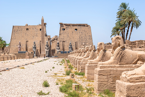 Luxor Temple, Egypt - July 23, 2022: The Luxor Temple is a large Ancient Egyptian temple complex located on the east bank of the Nile River in the city today known as Luxor (ancient Thebes) and was constructed approximately 1400 BCE. In the Egyptian language it was known as ipet resyt, \