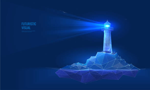 Lighthouse on the seashore in digital futuristic style. Light effect as a guide to the sea. Night landscape of rocky coast with building, vector illustration Lighthouse on the seashore in digital futuristic style. Light effect as a guide to the sea. Night landscape of rocky coast with building, vector illustration beacon stock illustrations