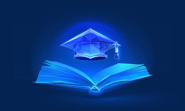 Learn online in digital futuristic style. Graduation cap silhouette with book, online higher education concept. Vector illustration e-education concept on dark night background Learn online in digital futuristic style. Graduation cap silhouette with book, online higher education concept. Vector illustration e-education concept on dark night background virtual college education stock illustrations