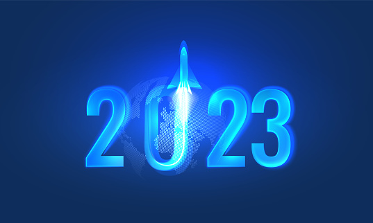 2023 digital futuristic illustration. Neon rocket on the background of the new year font. Glowing poster with dark night background