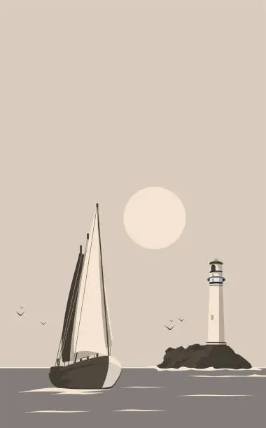 Vector illustration of Beautiful sea view of the lighthouse and the yacht or sea vessel in retro monochrome style