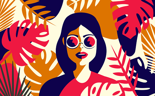 Portrait of a beautiful girl in sunglasses in colorful leaves in trendy trendy colors.
