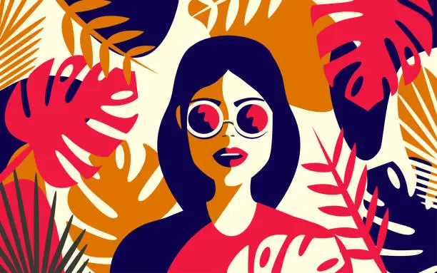 Vector illustration of Portrait of a beautiful girl in sunglasses in colorful leaves in trendy trendy colors
