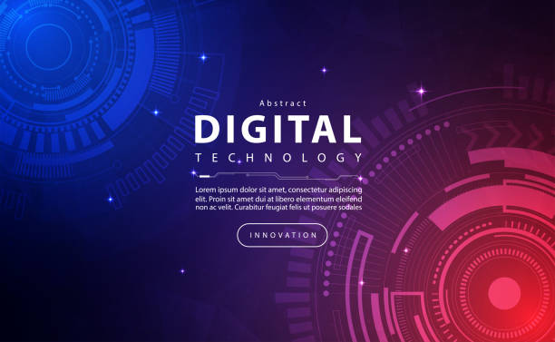 ilustrações, clipart, desenhos animados e ícones de tecnologia digital banner azul laranja conceito de fundo, tecnologia efeito roxo, tecnologia abstrata, inovação de dados futuros, rede de internet, big data de ai, conexão de ponto de linha, vetor de ilustração - blue background orange background purple background light