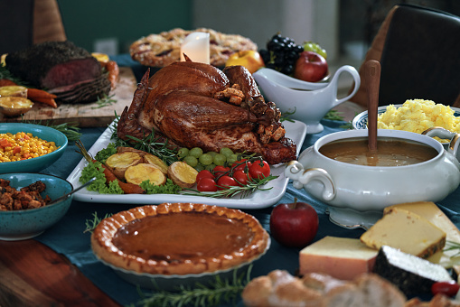 Stuffed Turkey for Thanksgiving Holidays with Pumpkin, Peas, Pecan, Berry Pie, Cheese Variations and Other Ingredient
