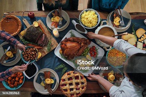istock Stuffed Turkey for Thanksgiving Holidays with Pumpkin, Peas, Pecan, Berry Pie, Cheese Variations and Other Ingredient 1414285963