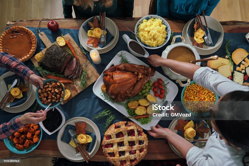 Stuffed Turkey for Thanksgiving Holidays with Pumpkin, Peas, Pecan, Berry Pie, Cheese Variations and Other Ingredient Thanksgiving - Holiday Stock Photo