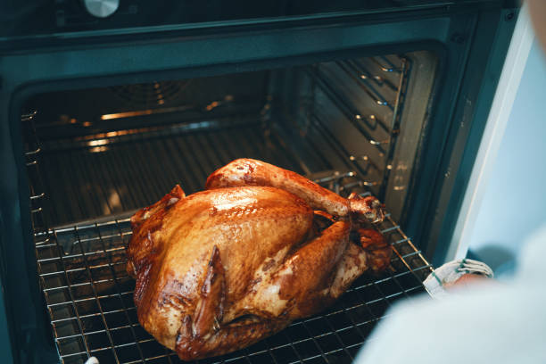 Preparing Stuffed Turkey for Thanksgiving Holidays stock photo