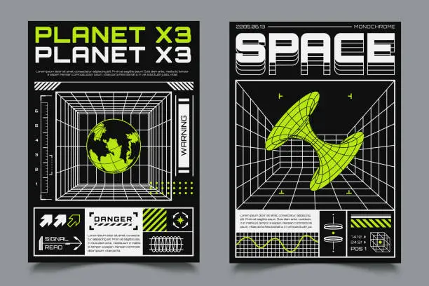 Vector illustration of Two posters with HUD elements, perspective grid, futuristic design elements, chart, black hole and model of planet