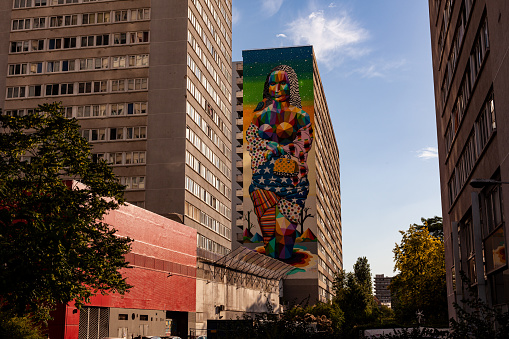 Paris, France - 13, July: View of the giant giant mural painted titled The New Mona Lisa by Okuda San Miguel at the 13th Arrondissement of Paris on July 13, 2022