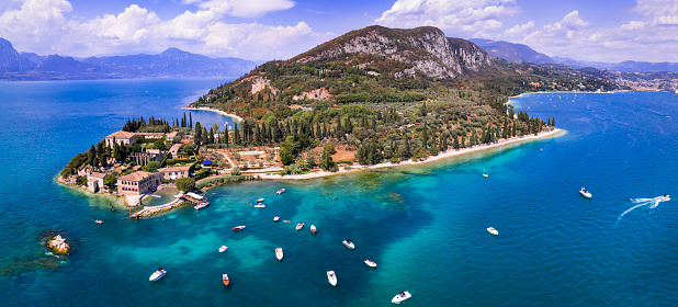 Punta San Vigilio - aerial drone view, most romantic place of Garda Lake ,Lago di Garda scenery. northern Italy