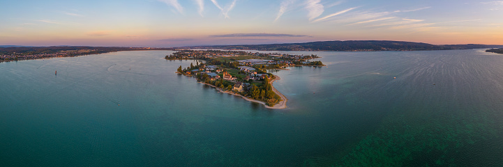 Panoramic view on the island Reichenau and Lake Constance in Germany.