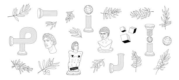 ilustrações, clipart, desenhos animados e ícones de vetor clássico de escultura de busto no estilo de arte de linha. a coluna antiga grega definiu vetor. pilar antigo em estilo de linha. - greek culture greek god statue classical greek