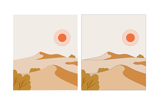 Desert landscape in flat design and line colored design. Desert dunes, Sahara. Hand-drawn dunes with sun, bushes and sand.
