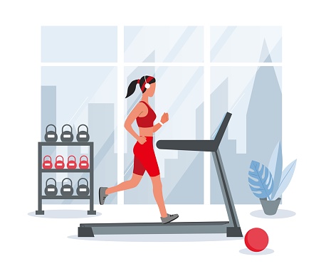 Woman on treadmill. Cardio workout and fitness, character jogging, exercising in gym. Preparing sprinter or marathon runner for competition. Active lifestyle. Cartoon flat vector illustration