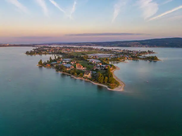 Panoramic view on the island Reichenau and Lake Constance in Germany.