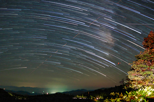 Star trails, meteor shower and flight path over Great Smoky Mountains near Newfound Gate in Great Smoky Mountains National Park