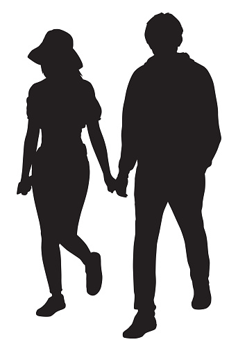 Vector silhouette a a young couple walking together holding hands.