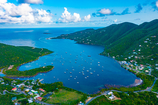 Aerial view of Coral Bay Harbor on St John in the U.S. Virgin Islands with many boats