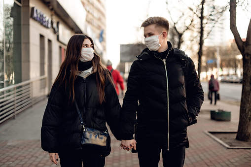 People with face mask. Concept with copy space. Portraits of adult people in quarantine of virus. Photo on the street in the city