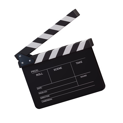 Realistic open  movie clapper open isolated on white background. Shown slate board. Realistic movie clapperboard. Clapper board isolated on white. Rendered illustration.