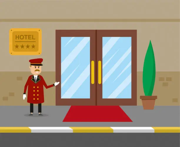 Vector illustration of Doorman standing in front hotel