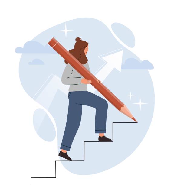 Next steps concept Next steps concept. Woman draws ladder with pencil and climbs up it. Metaphor of motivation and leadership, successful and hardworking entrepreneur. Hidden features. Cartoon flat vector illustration climbing stairs drawing stock illustrations