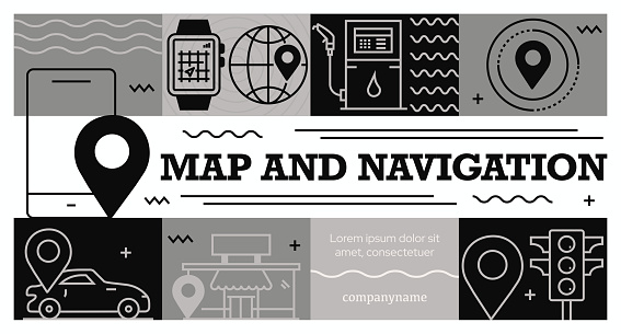 Map And Navigation Related Vector Design Concept. Line icons illustration collection. Icon set or banner template. Web Banner, Website Header etc. Modern Design Vector Illustration for