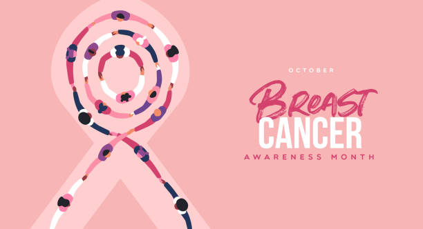 breast cancer awareness month people holding hands together making pink ribbon shape - beast cancer awareness 幅插畫檔、美工圖案、卡通及圖標
