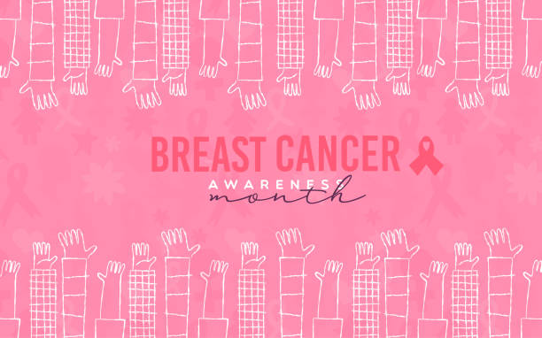 Breast Cancer Awareness month people hand raised up pink background Breast Cancer Awareness month diverse people hands raised up together on pink background. Social team concept, community help for disease prevention, solidarity or charity campaign. brest cancer hope stock illustrations
