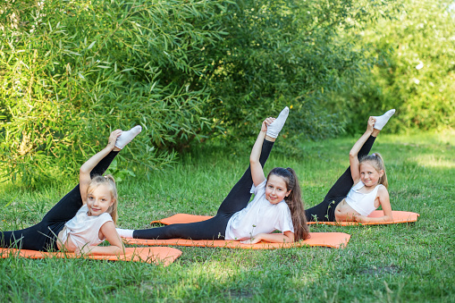 Group of children are doing exercises and stretching in nature using sports mats. Workout with gymnastics or aerobics or dance. Healthy lifestyle