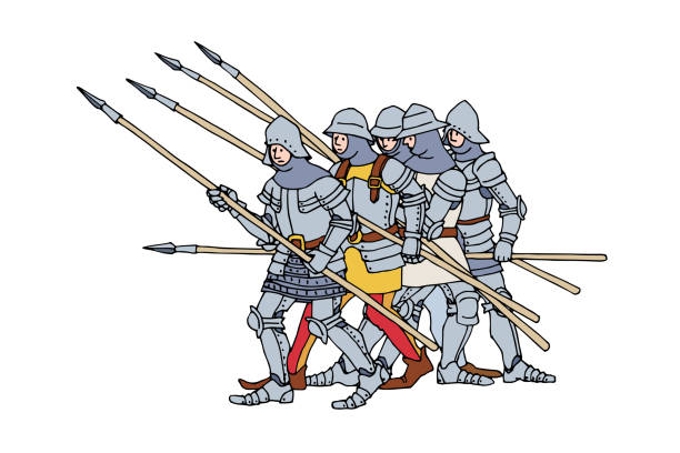 A group of medieval pikemen in plate armor. Heavy infantry. A group of medieval pikemen in plate armor. Heavy infantry. Color vector illustration with contour lines in black ink isolated on a white background in cartoon style. infantry stock illustrations
