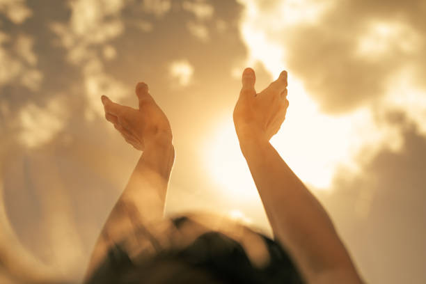 Woman's hands reaching up to the sunlight sunny sky. stock photo